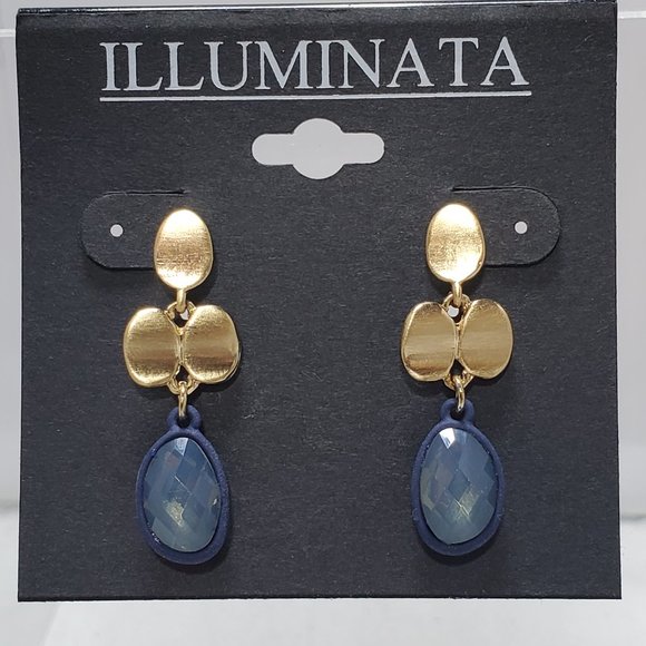 ILLUMINATA blue gemstone with gold petals pierced dangle earrings - Picture 1 of 4